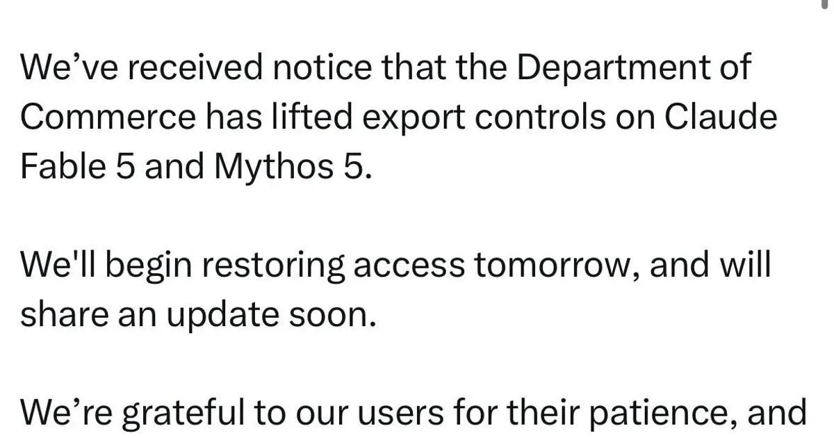 Export restrictions on Anthropic AI models lifted after government rollback